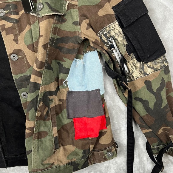 VALABASAS Solar Jacket XL Black Camo Panelled Distressed Denim Jacket - Picture 11 of 16